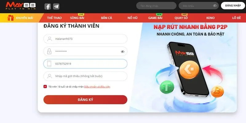 Khi đăng ký tại May88 game thủ hãy điền thông tin theo biểu mẫu